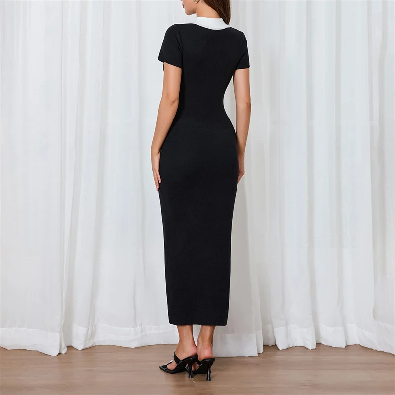 Polo Collar Button-Up Short Sleeve Maxi Dress
