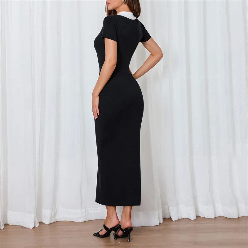 Polo Collar Button-Up Short Sleeve Maxi Dress