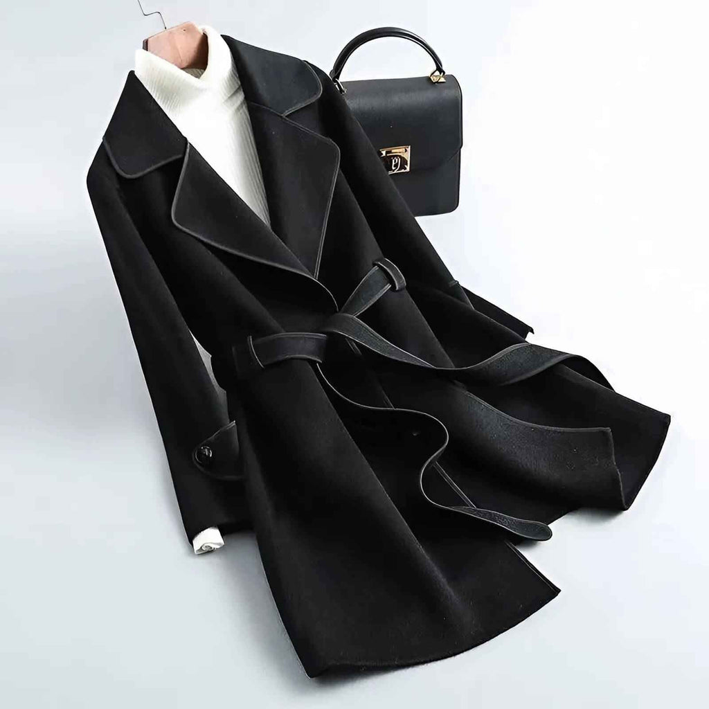A-Line Brushed Coat with Contrast Piping and Waist Belt