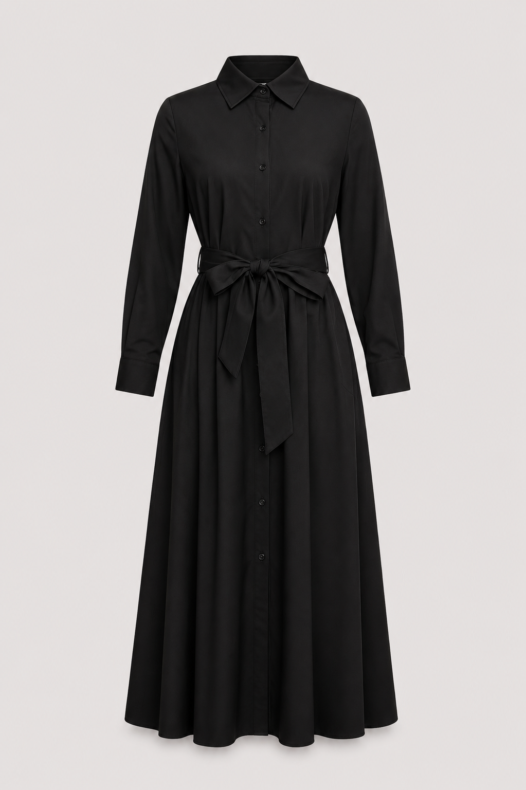 Cotton Twill Maxi Shirt Dress with Tie Waist and Collar