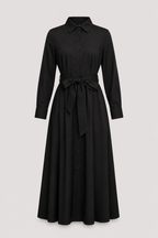 Cotton Twill Maxi Shirt Dress with Tie Waist and Collar