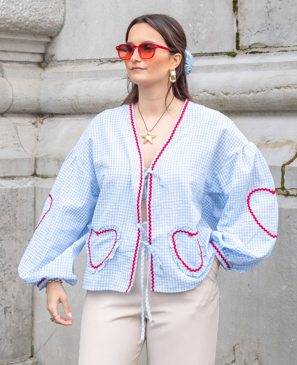 Tie-Front Blouse in Cotton with Gingham Heart Print