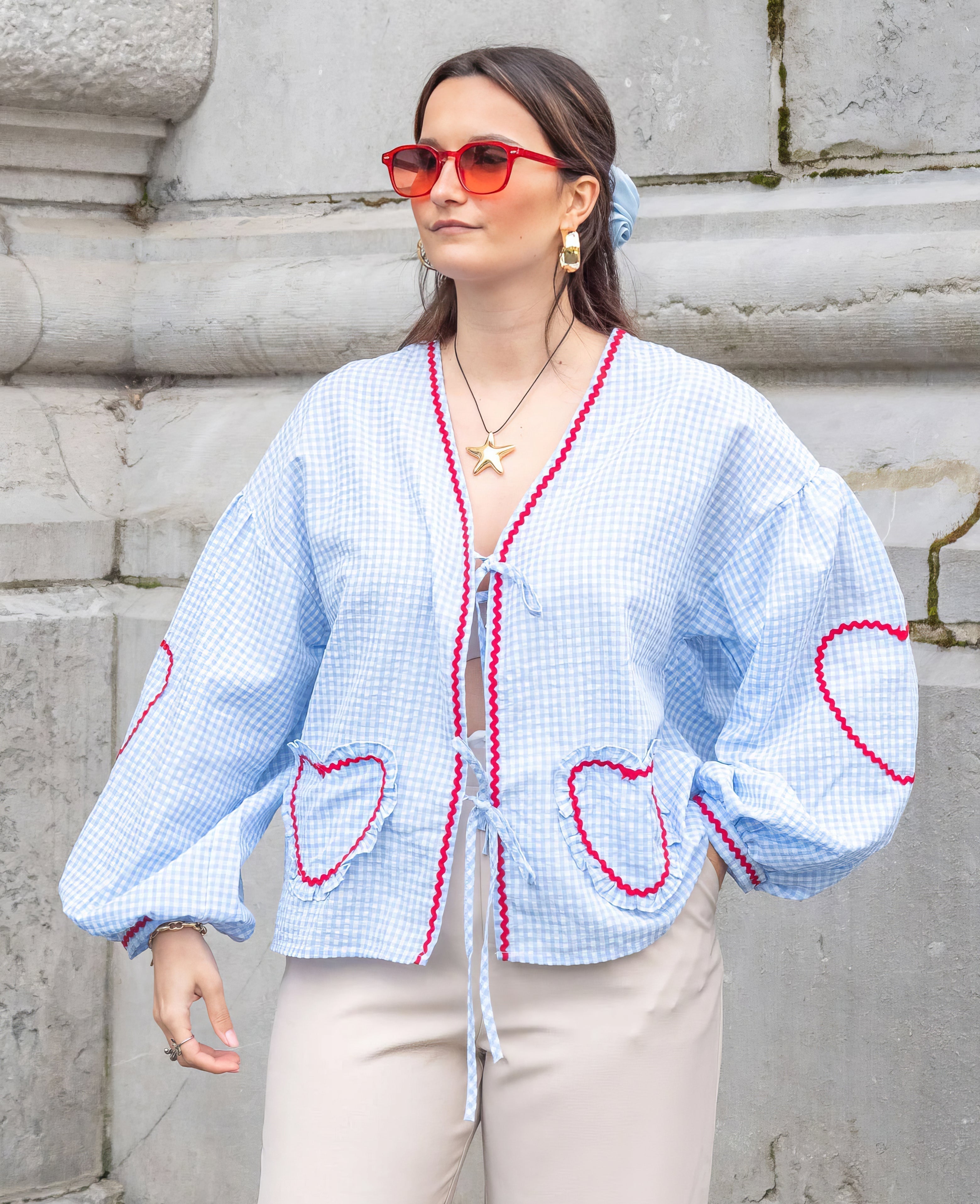 Tie-Front Blouse in Cotton with Gingham Heart Print