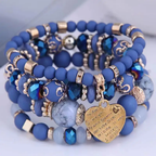 Blue Bead Stretch Bracelet Set with Heart Charm