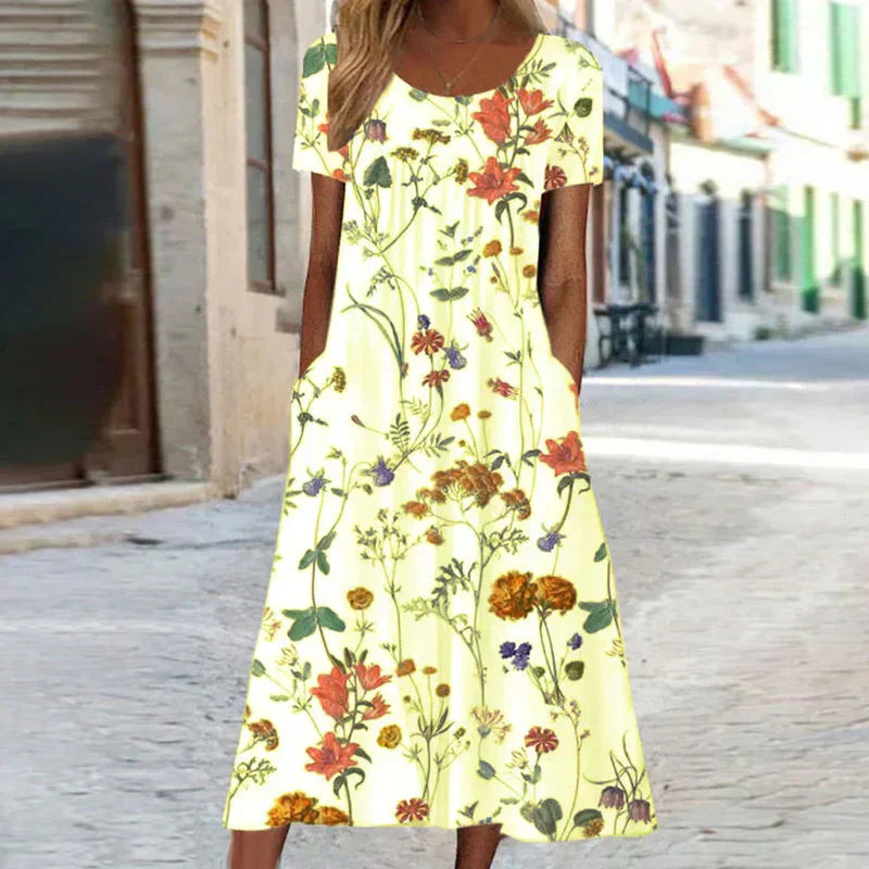 Floral Print Round Neck Short Sleeve Maxi Dress