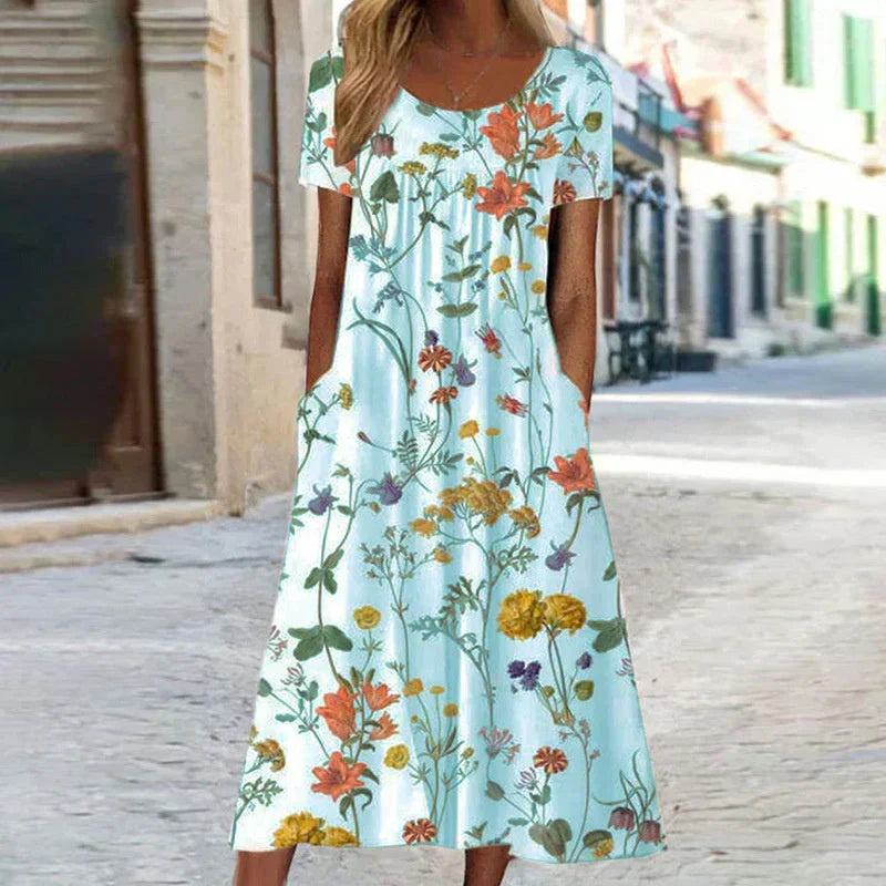 Floral Print Round Neck Short Sleeve Maxi Dress