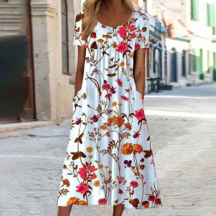 Floral Print Round Neck Short Sleeve Maxi Dress