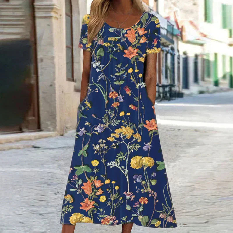 Floral Print Round Neck Short Sleeve Maxi Dress