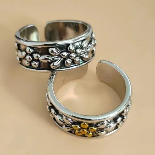 Bohemian Carved Floral Wide Band Ring