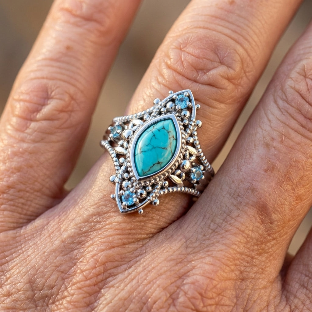 Bohemian Retro Blue Crystal Inlaid Turquoise Ring