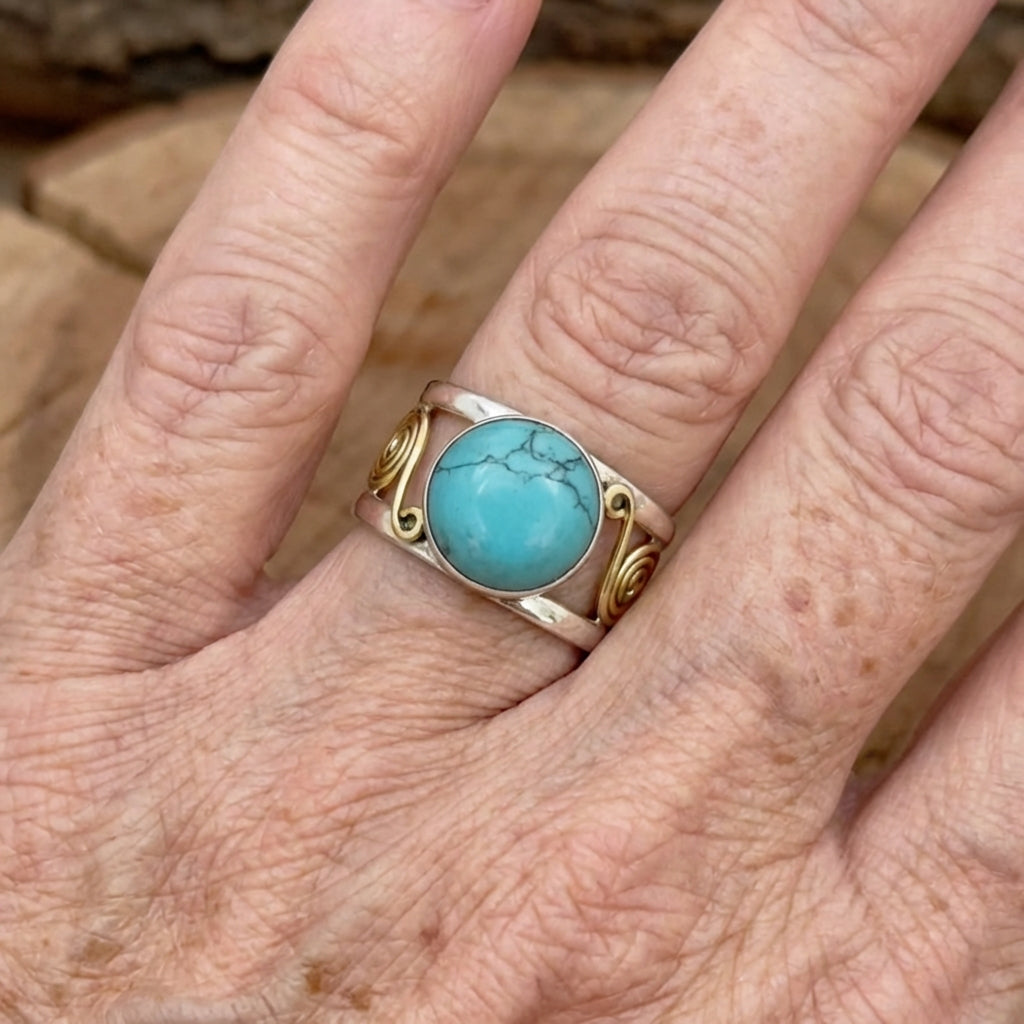 Bohemian Two-Tone Round Turquoise Stone Ring