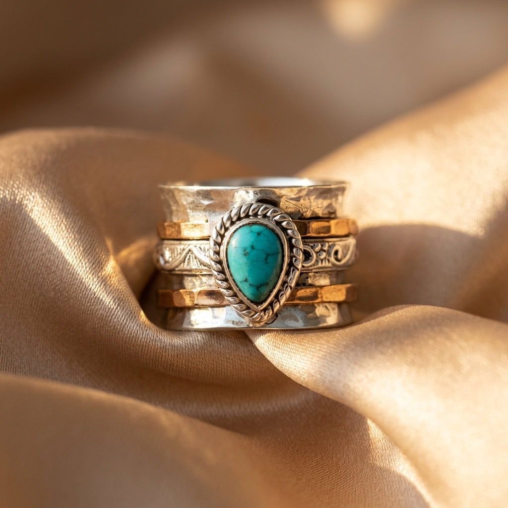 Turquoise-Look Two-Tone Spinner Ring with Wide Band