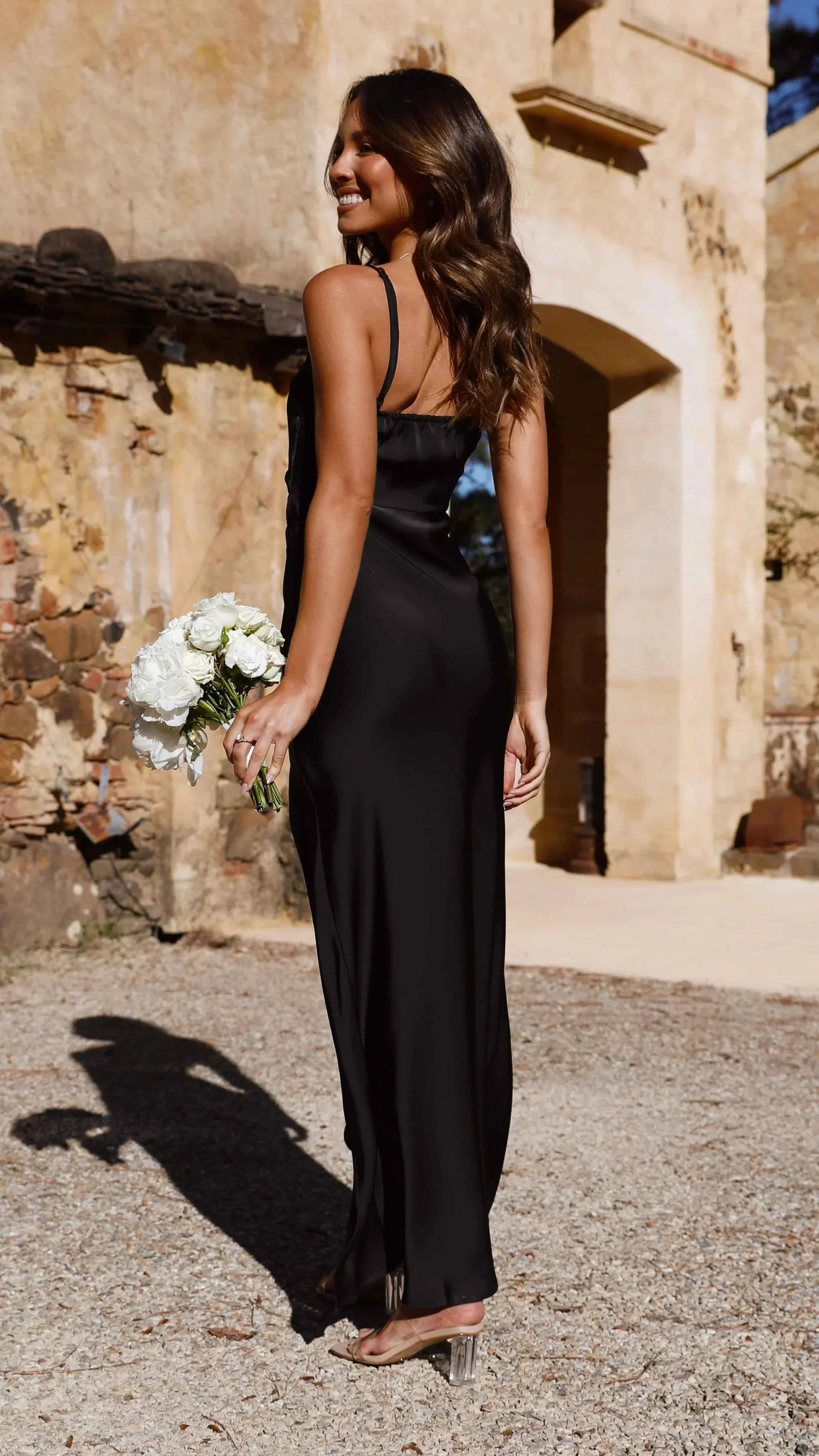 Maxi Dress with Square Neck, Waist Pleats and Side Split