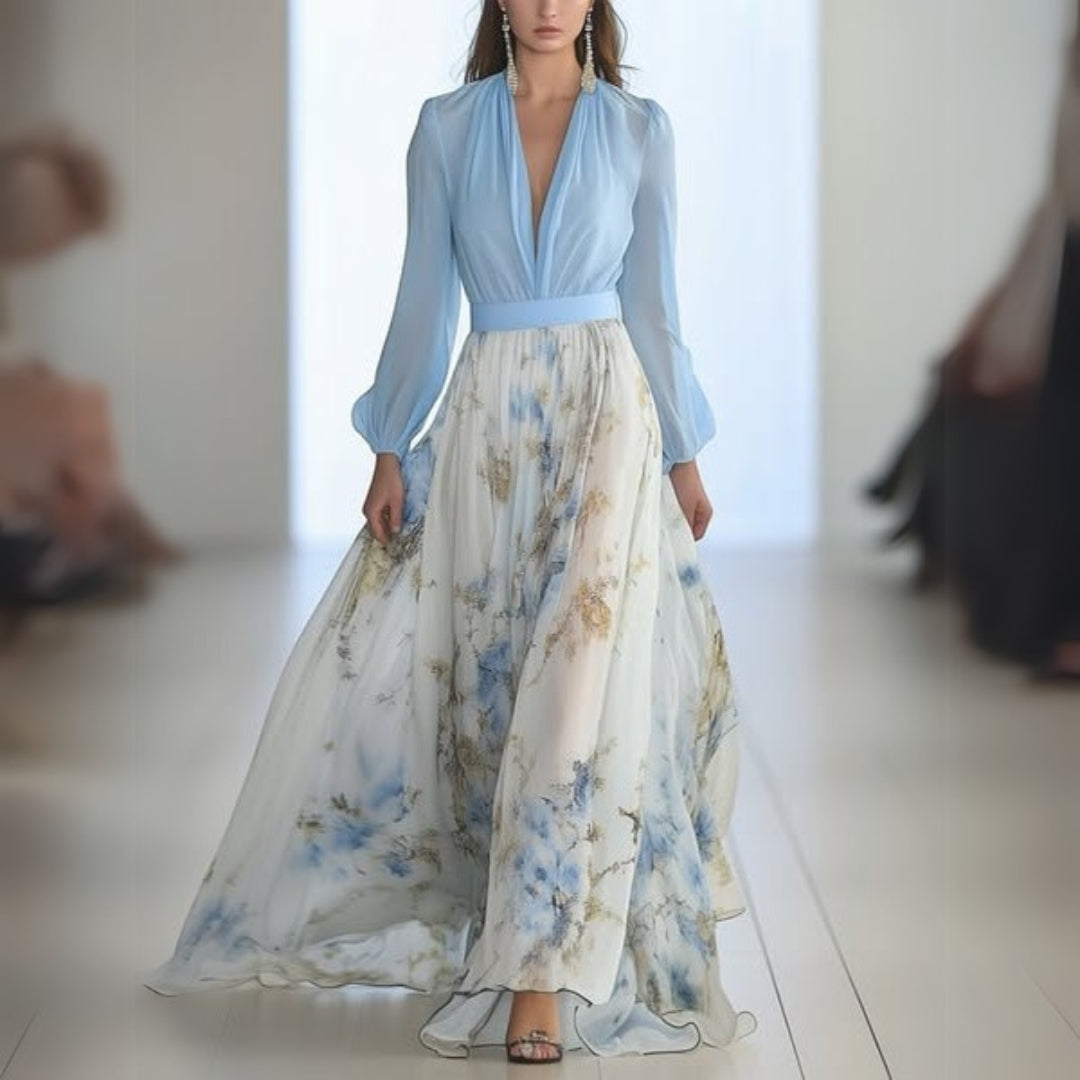 Long Sleeve V-Neck Maxi Dress With Waistband