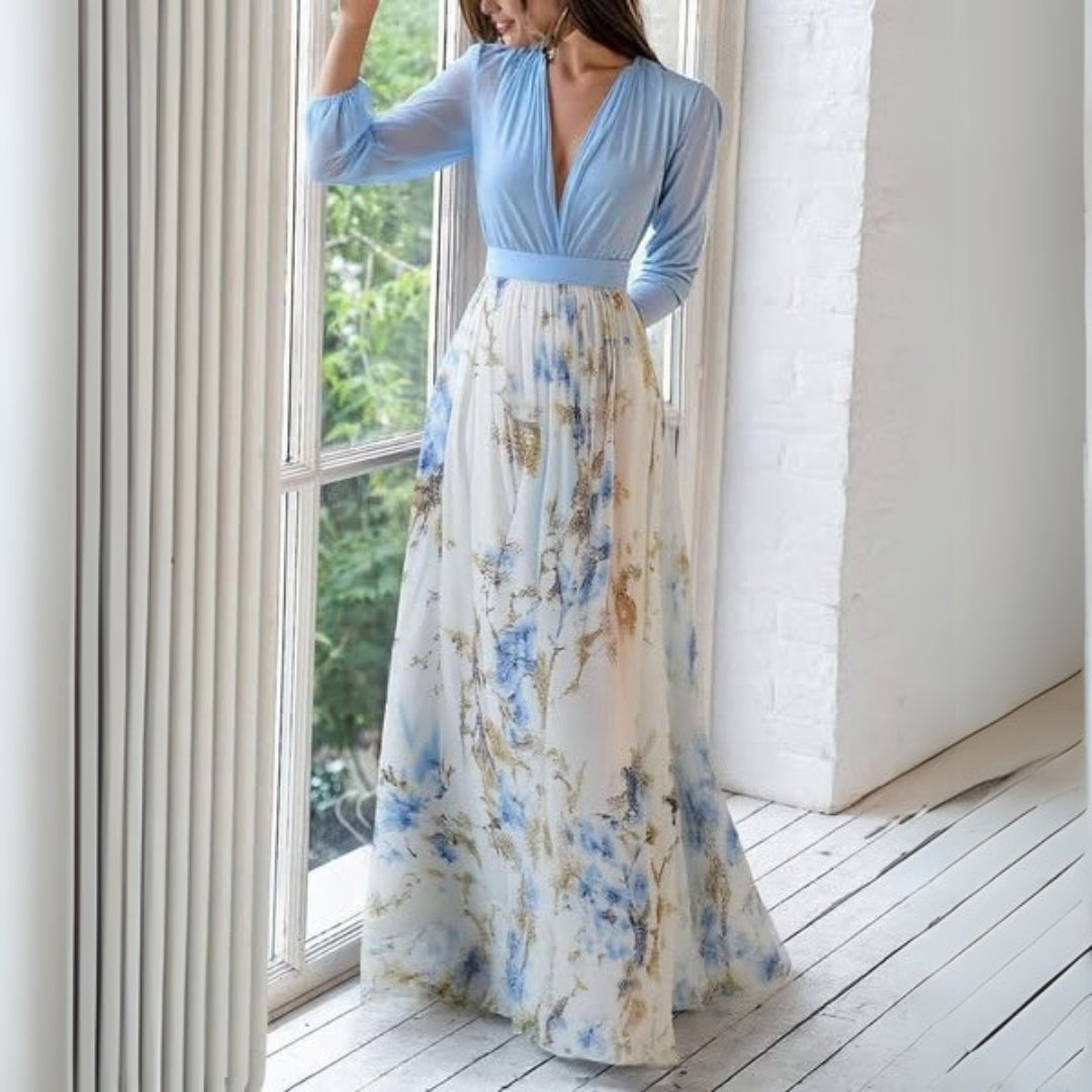 Long Sleeve V-Neck Maxi Dress With Waistband