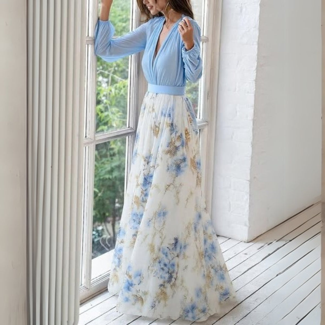 Long Sleeve V-Neck Maxi Dress With Waistband