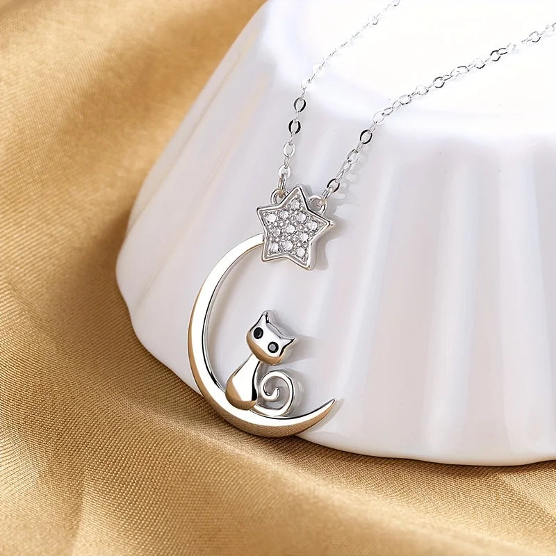 Sterling Silver Cat, Moon and Star Necklace