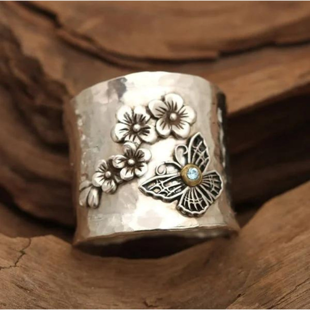 Bee, Flower and Butterfly Wide Band Ring