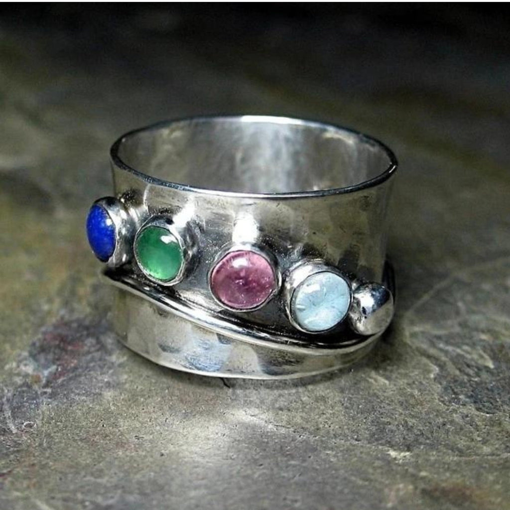 Wide Silver-Tone Band Ring with Multicolour Birthstone-Look Stones