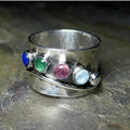 Wide Silver-Tone Band Ring with Multicolour Birthstone-Look Stones