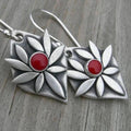 Boho Flower Earrings with Red Zirconia in Silver Tone