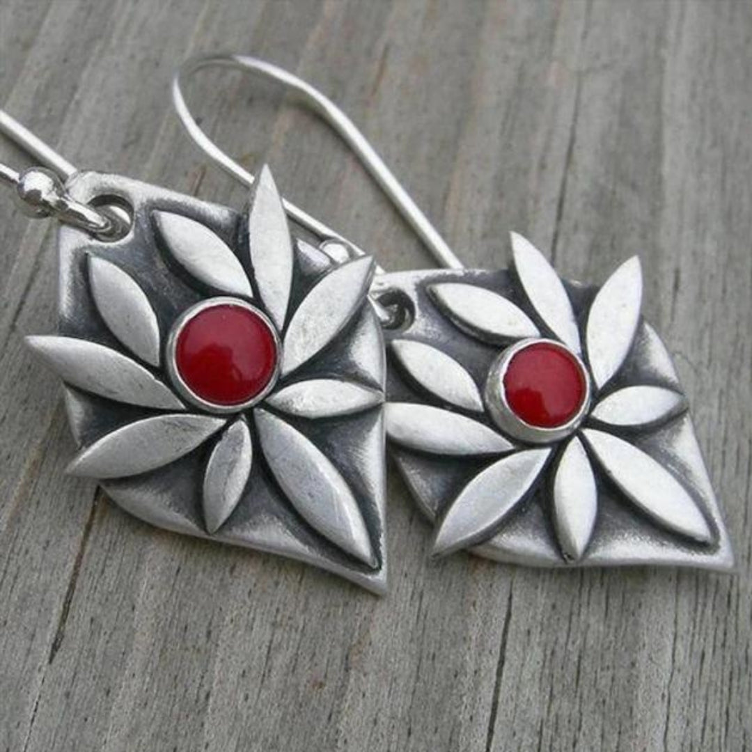 Boho Flower Earrings with Red Zirconia in Silver Tone