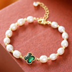 Emerald-Look Cloverleaf and Pearl Bracelet