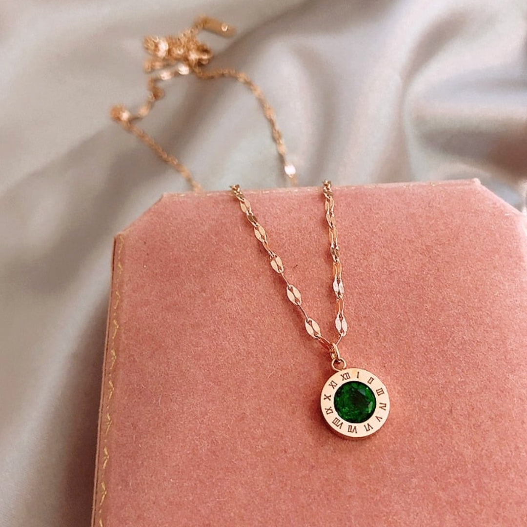 Clock Necklace with Emerald-Look Stone in Gold Tone