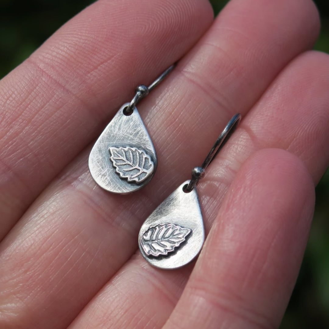 Silver-Tone Teardrop Leaf Engraved Earrings