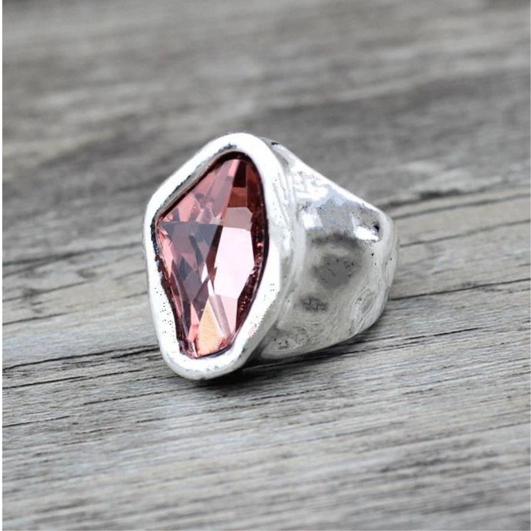 Chunky Silver-Tone Ring with Pink Crystal