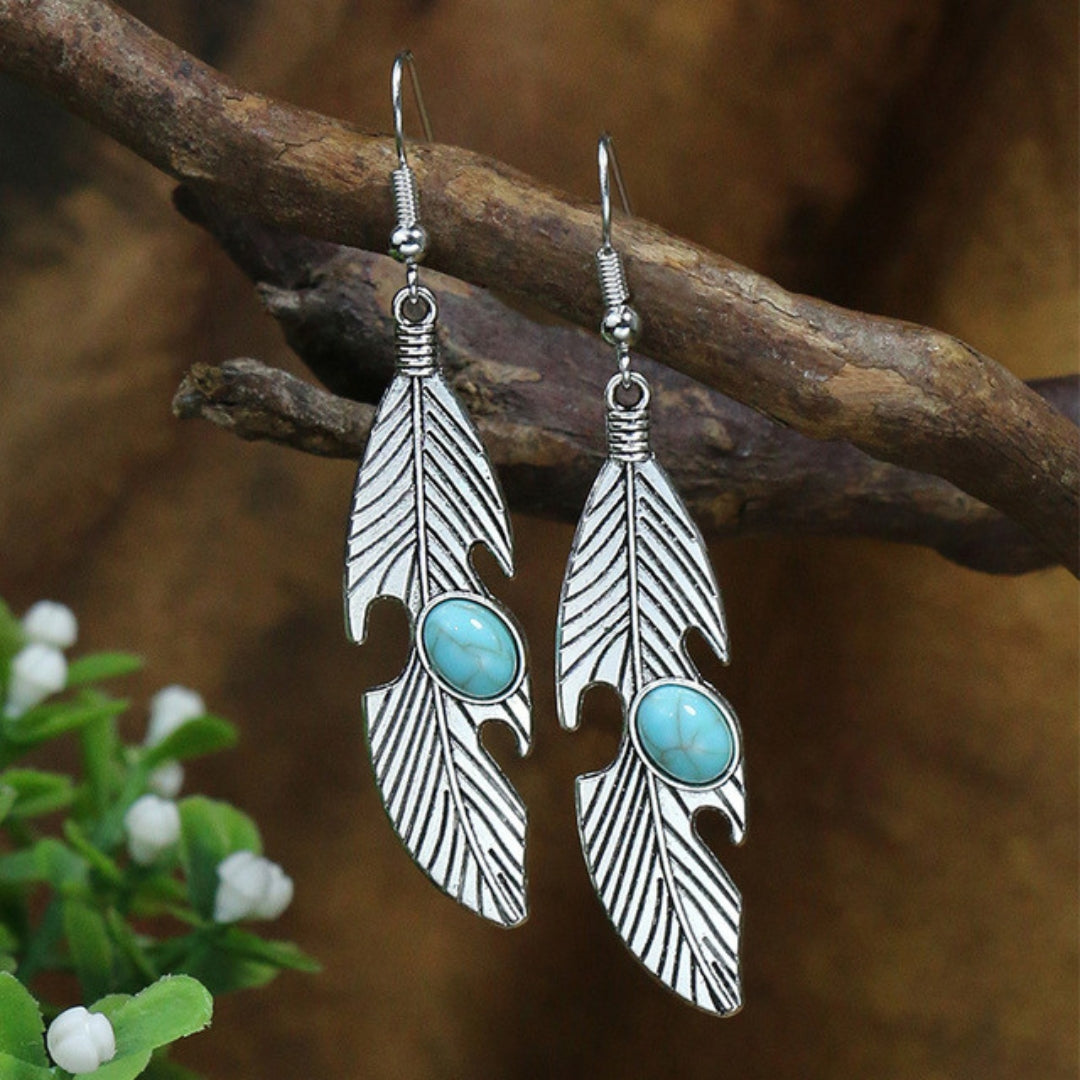 Silver-Tone Boho Leaf Earrings with Opal-Look Stone