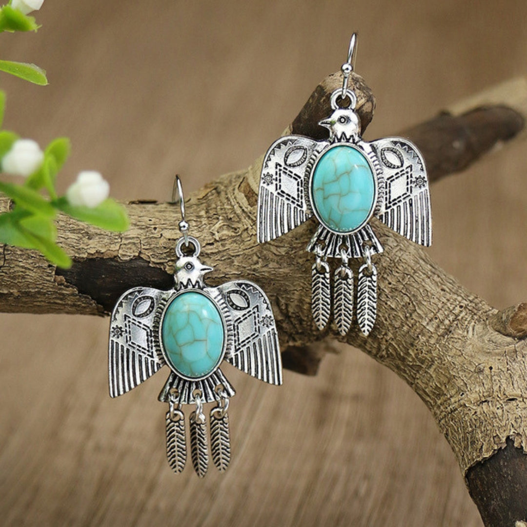 Silver-Tone Boho Bird Earrings with Opal-Look Stone