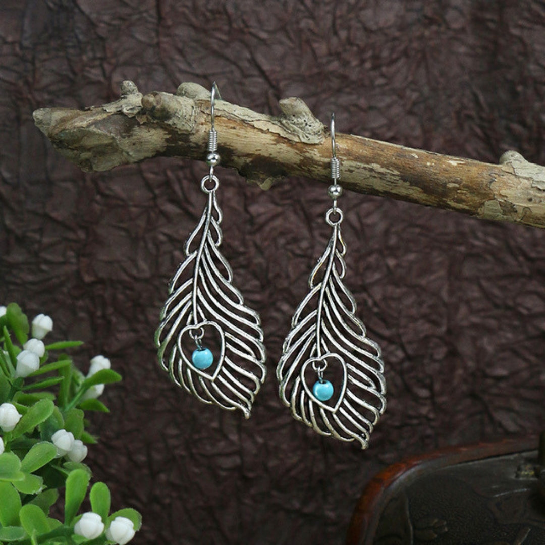 Silver-Tone Leaf Earrings with Opal-Look Stone