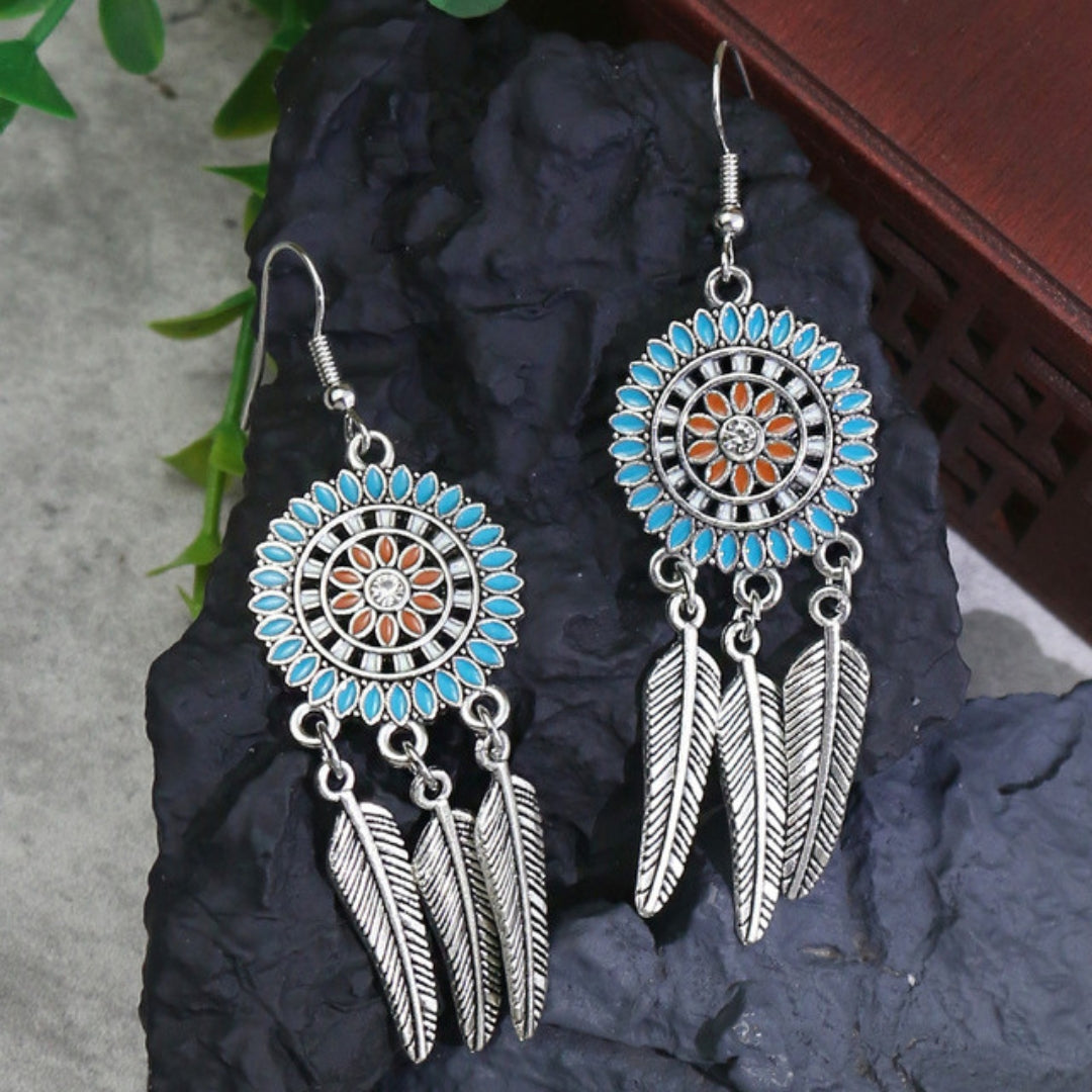 Mandala Earrings with Silver-Tone Leaves and Opal-Look Stone