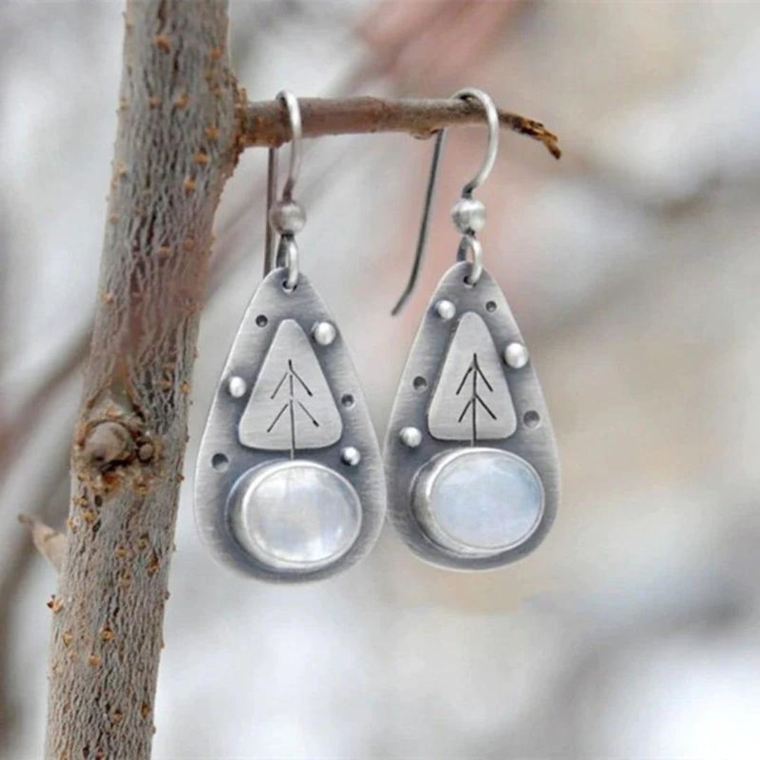 Boho White Opal-Look Earrings in Silver Tone