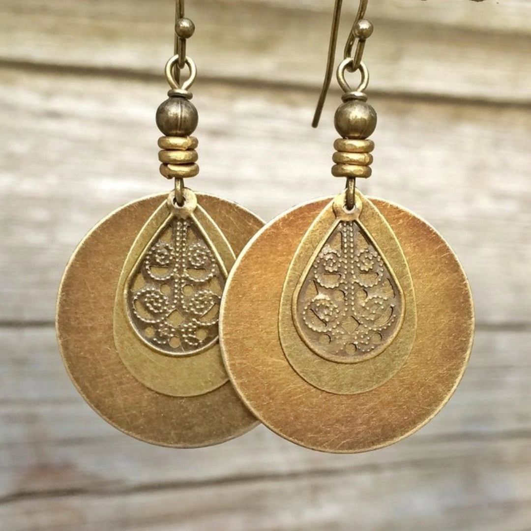 Vintage-Style Gold-Tone Disc Earrings with Filigree Teardrop