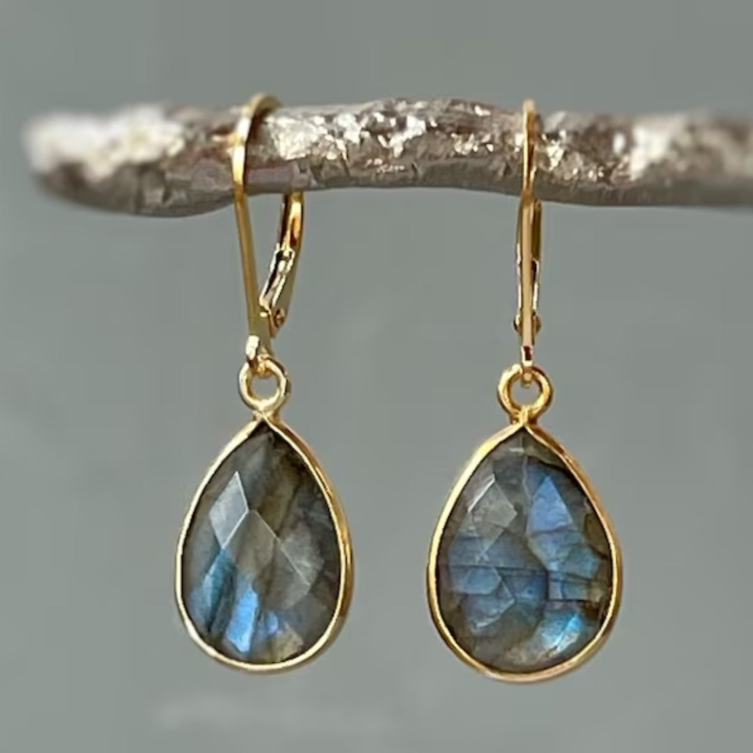 Vintage-Style Blue Teardrop Crystal Earrings in Gold Tone