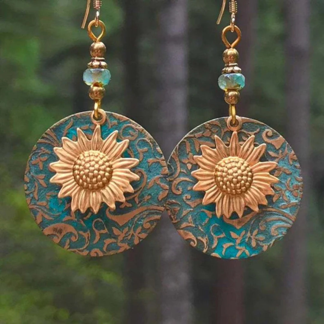 Vintage-Style Copper-Tone Daisy Patina Disc Earrings