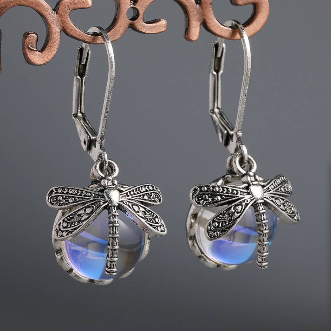 Spherical Dragonfly Earrings in Antique Silver Tone