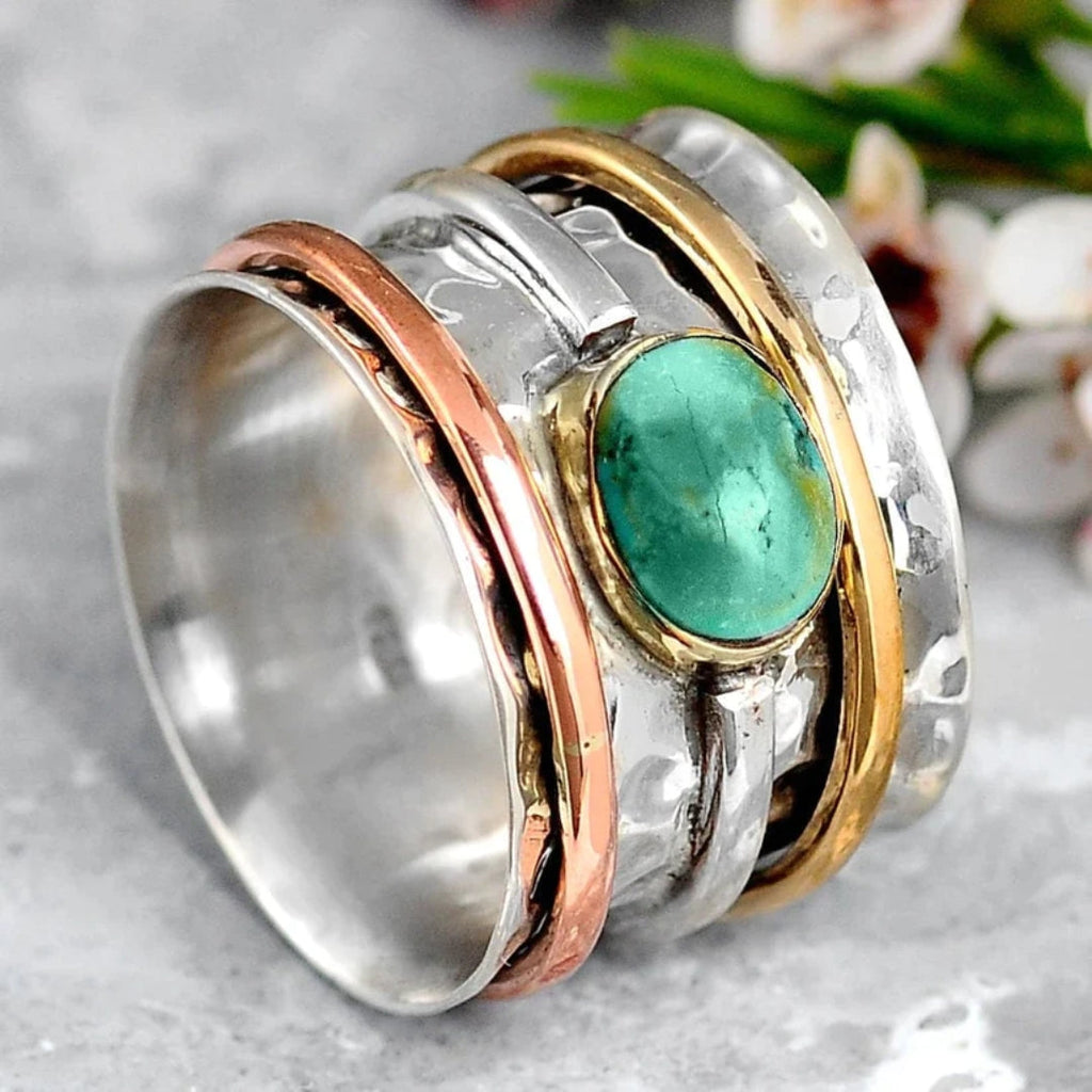 Tri-Tone Spinner Ring with Turquoise-Look Stone