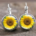 Vintage-Style Sunflower Glass Dome Earrings in Silver Tone