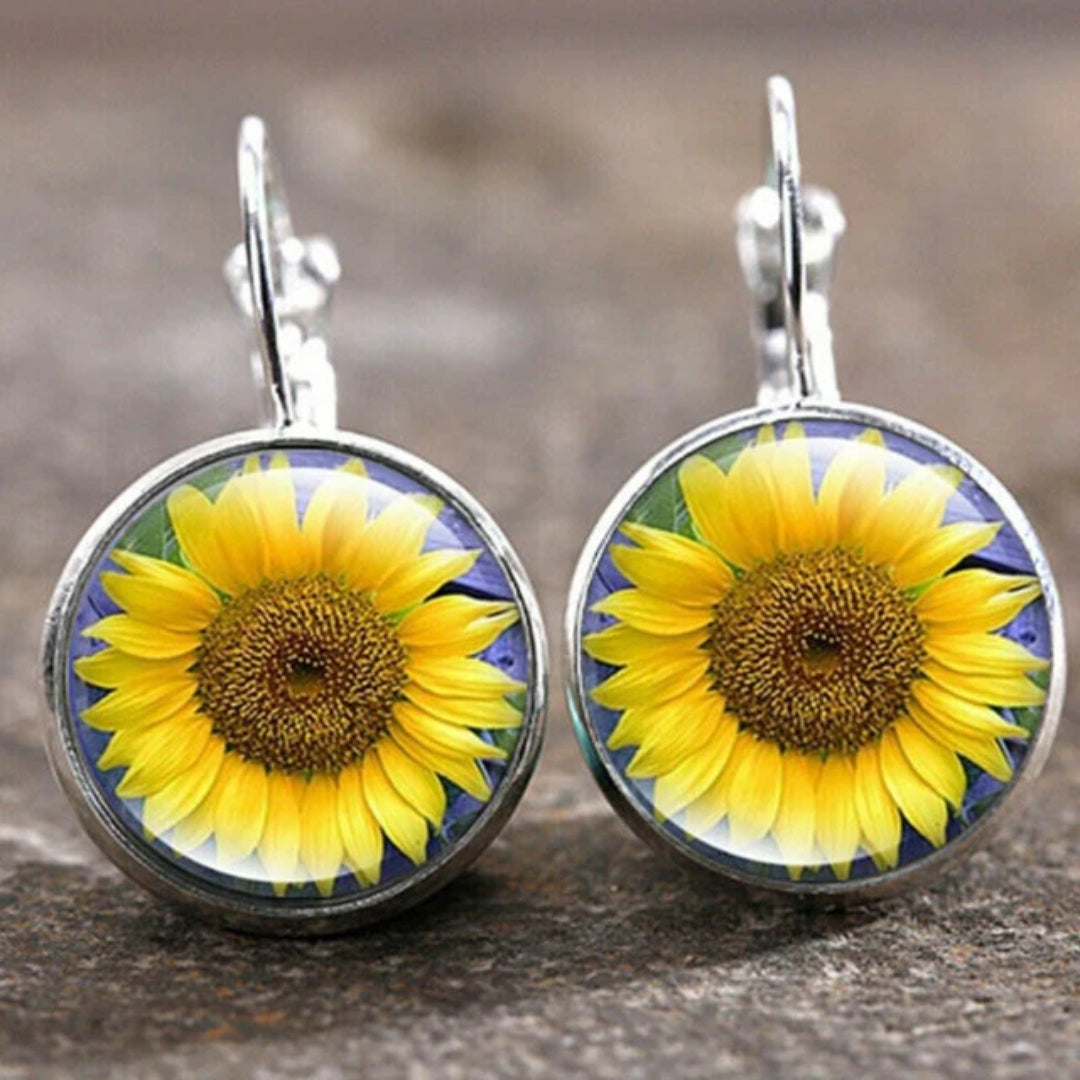 Vintage-Style Sunflower Glass Dome Earrings in Silver Tone
