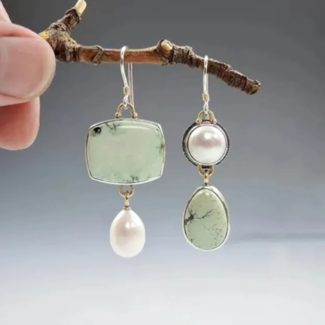 Brincos Pendentes Quadrados com Pedra Verde e Pérola Estilo Vintage