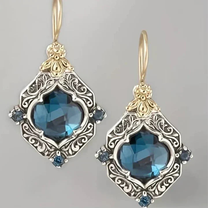 Vintage-Style Blue Crystal Quatrefoil Drop Earrings