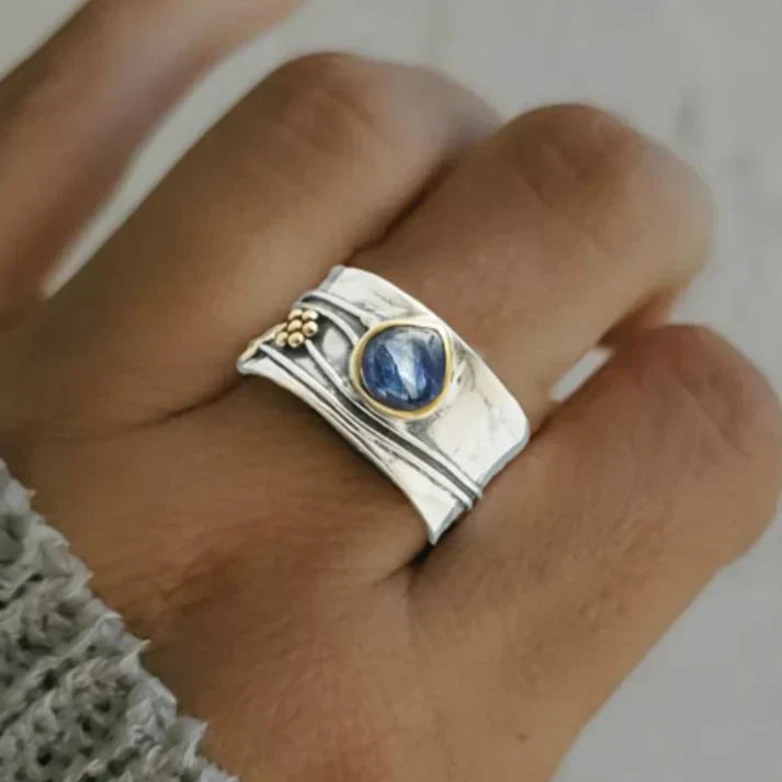 Wide Silver-Tone Ring with Blue Teardrop Stone and Beads