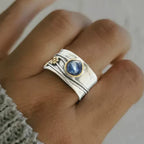 Wide Silver-Tone Ring with Blue Teardrop Stone and Beads