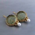 Antique-Style Green Stone and Pearl Earrings in White Gold Tone