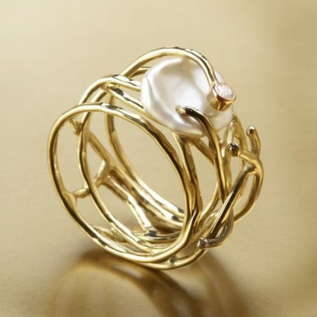 Thin Gold-Tone and Pearl Ring