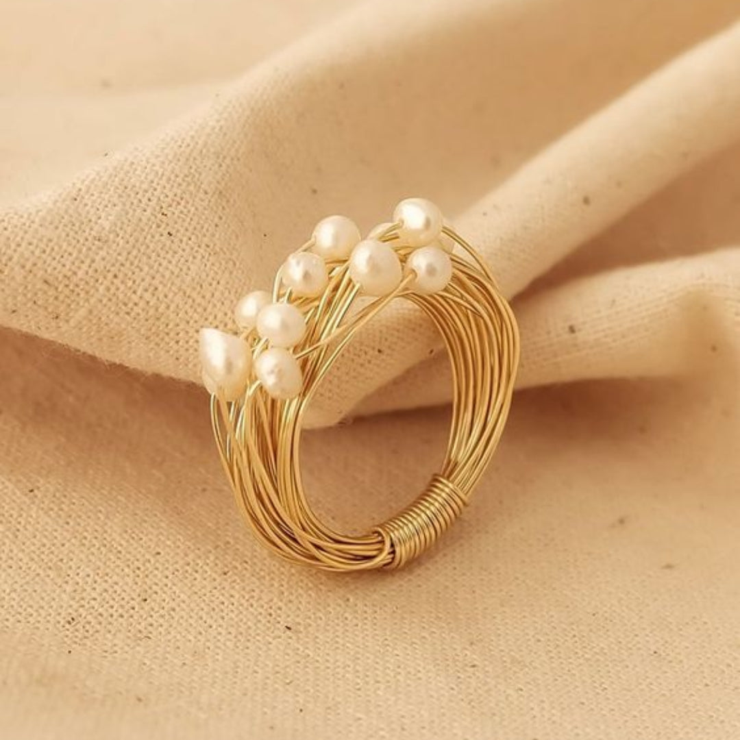 Anel Ninho de Pérolas Dourado Estilo Vintage