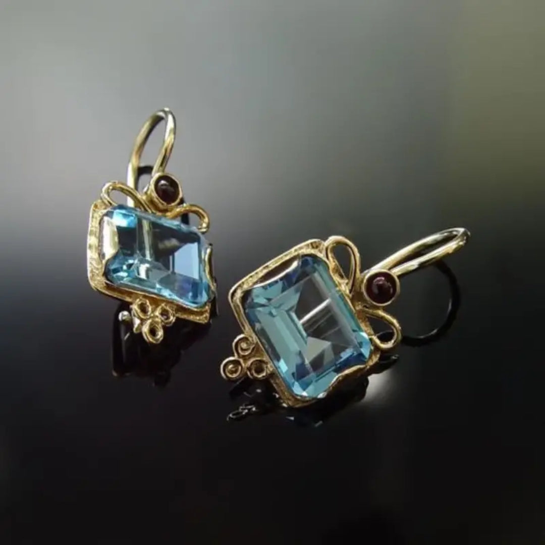 Vintage-Style Blue Square Zirconia Double Drop Earrings